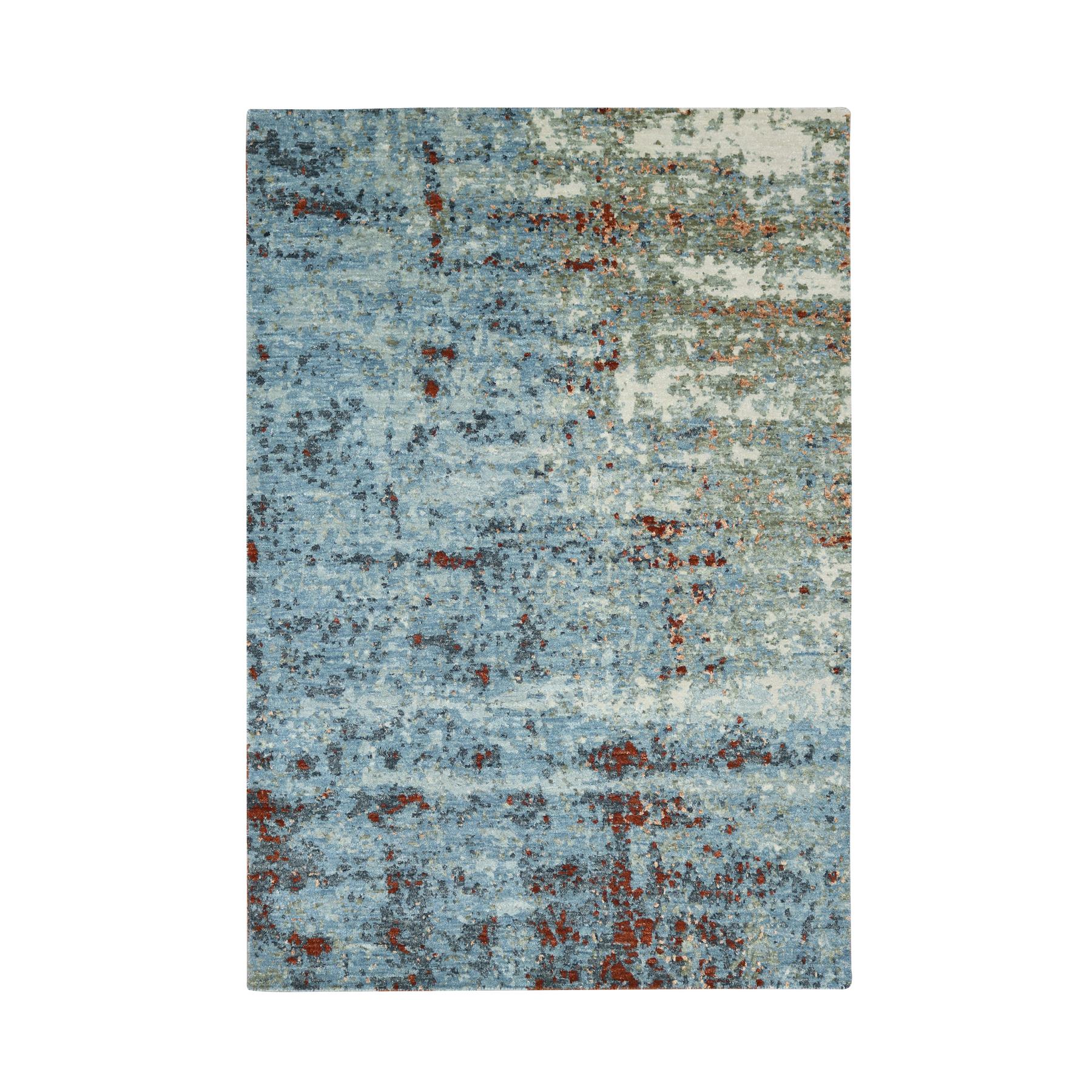 Blue with Rust, Persian Knot, Abstract with Galaxy Design, 100% Wool, Hand Knotted, Densely Woven, Oriental Rug